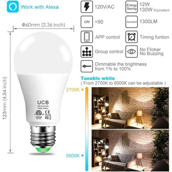 UCB Alexa Light Bulb 130W Equivalent, Smart Light Bulbs Warm White to Daylight - Picture 2 of 8